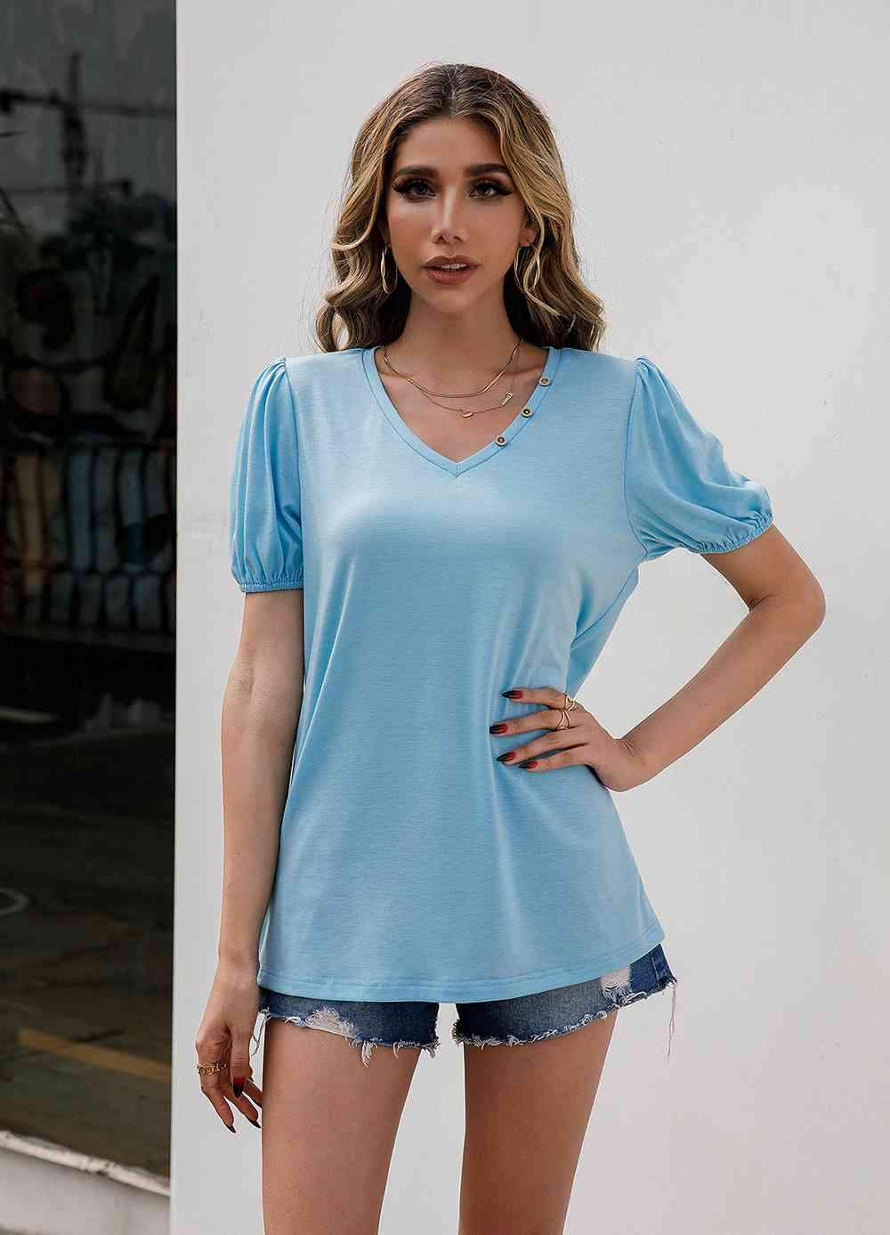 V-Neck Decorative Buttons Puff Sleeve Tee Pastel Blue Women's T-Shirts - Tophatter Daily Deals