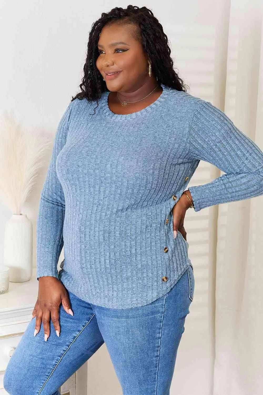 Double Take Round Neck Ribbed Long Sleeve T-Shirt Women's T-Shirts - Tophatter Daily Deals