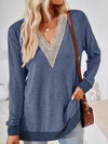 Crochet Contrast V-Neck Long Sleeve Slit T-Shirt Dusty Blue Women's T-Shirts - Tophatter Daily Deals