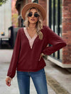 Swiss Dot V-Neck Long Sleeve Blouse Wine Blouses - Tophatter Daily Deals