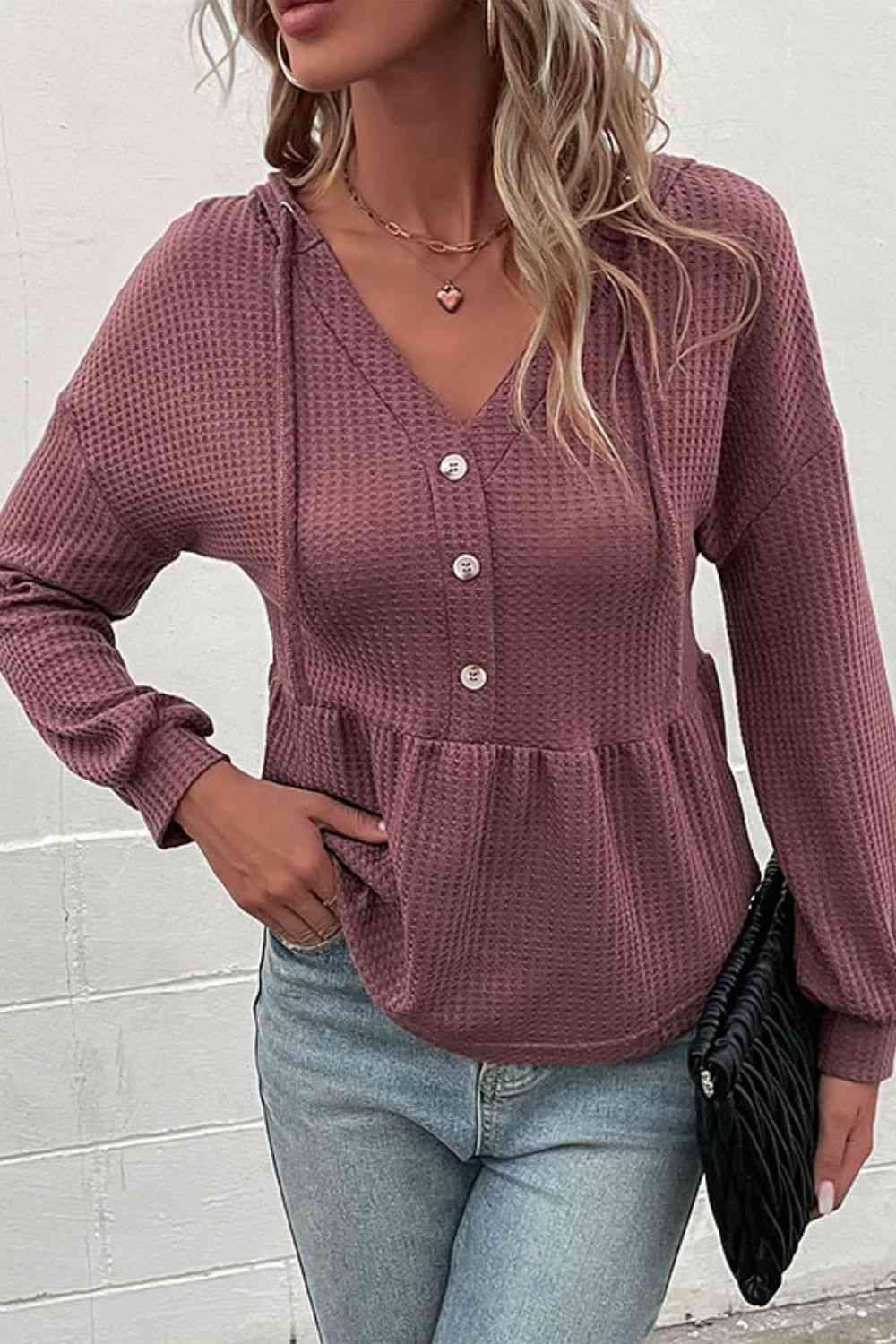 Waffle-Knit Buttoned Drop Shoulder Hoodie Blouses - Tophatter Daily Deals