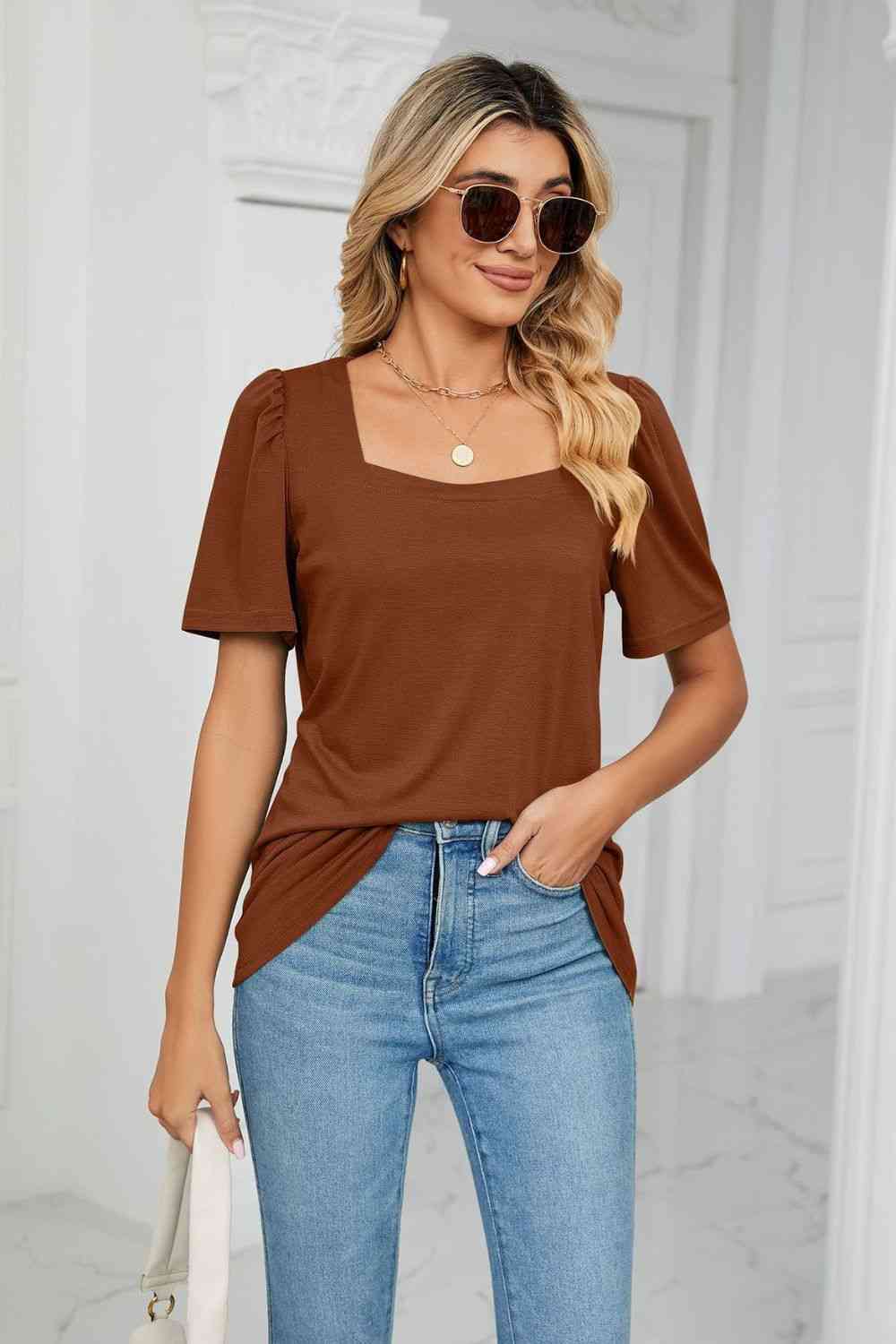 Square Neck Puff Sleeve T-Shirt Brown Women's T-Shirts - Tophatter Daily Deals