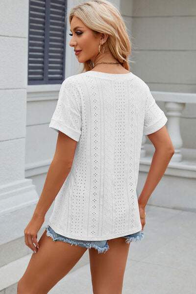 Eyelet V-Neck Short Sleeve T-Shirt Women's T-Shirts - Tophatter Daily Deals