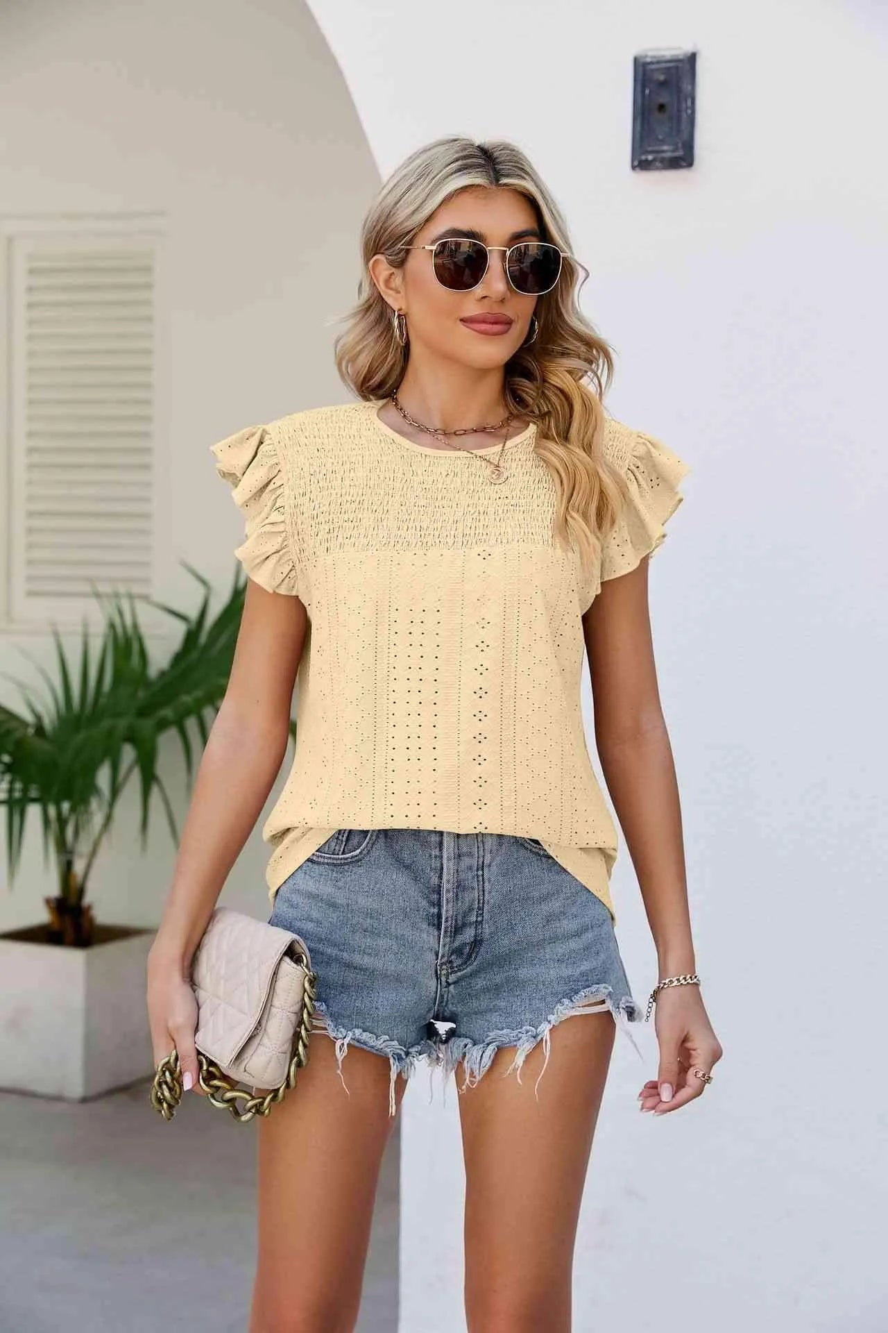 Smocked Round Neck Flutter Sleeve Top Pastel Yellow Blouses - Tophatter Daily Deals
