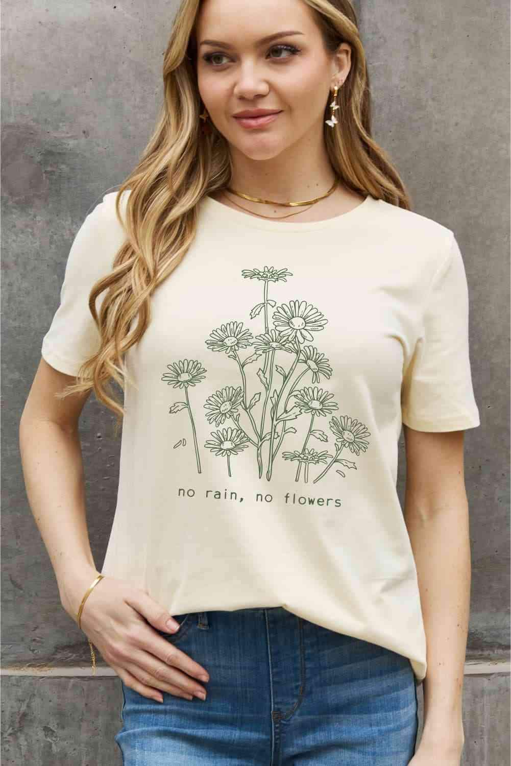 Simply Love Full Size NO RAIN NO FLOWERS Graphic Cotton Tee Women's T-Shirts - Tophatter Daily Deals