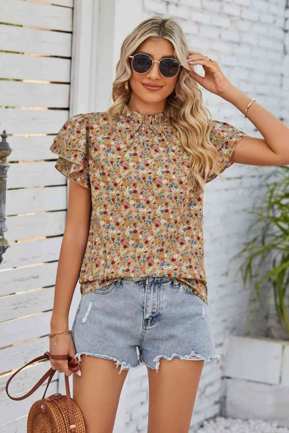 Floral Ruffle Collar Flutter Sleeve Blouse Khaki Blouses - Tophatter Daily Deals