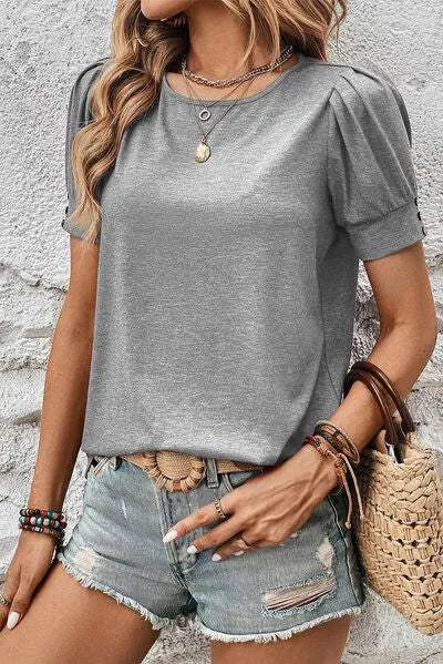 Round Neck Puff Sleeve T-Shirt Women's T-Shirts - Tophatter Daily Deals
