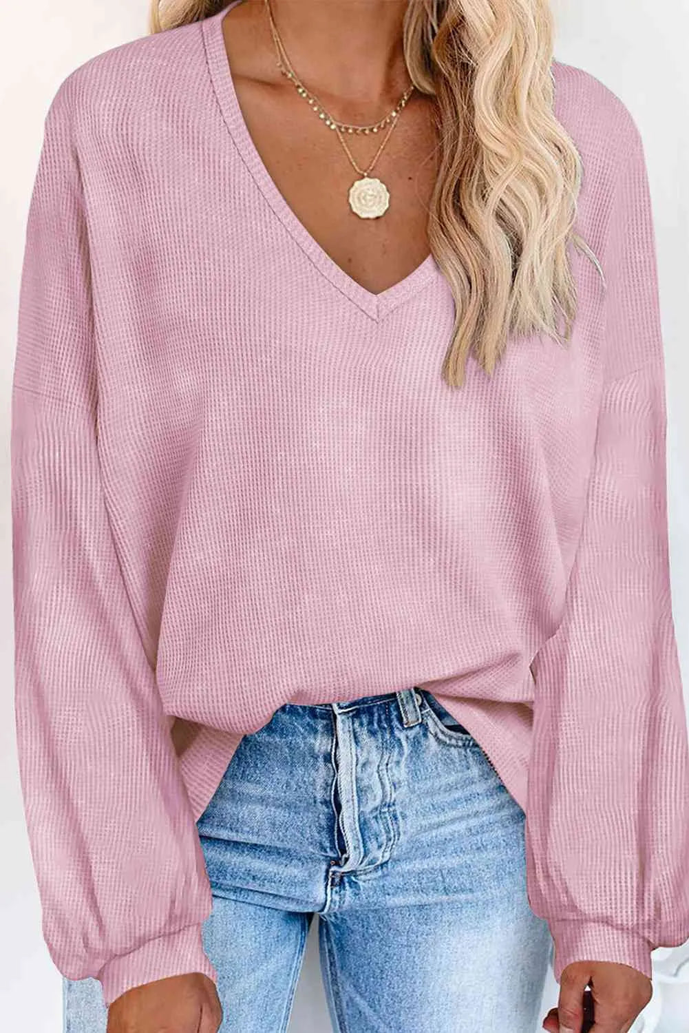 V-Neck Long Sleeve Top Dusty Pink Blouses - Tophatter Daily Deals