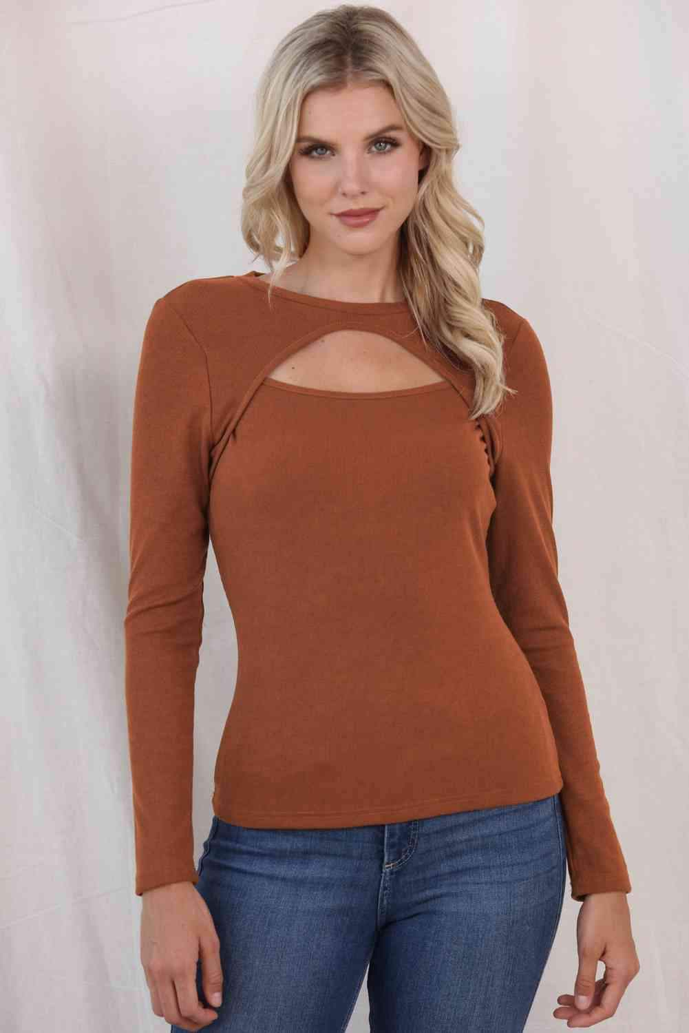 Cutout Round Neck Long Sleeve Top Ochre Women's T-Shirts - Tophatter Daily Deals