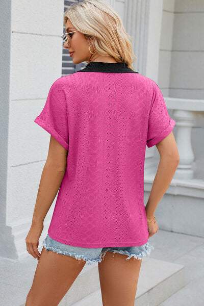 Eyelet Johnny Collar Short Sleeve T-Shirt Women's T-Shirts - Tophatter Daily Deals