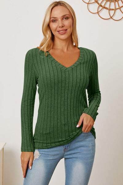 Basic Bae Full Size Ribbed V-Neck Long Sleeve T-Shirt Mid Green Women's T-Shirts - Tophatter Daily Deals