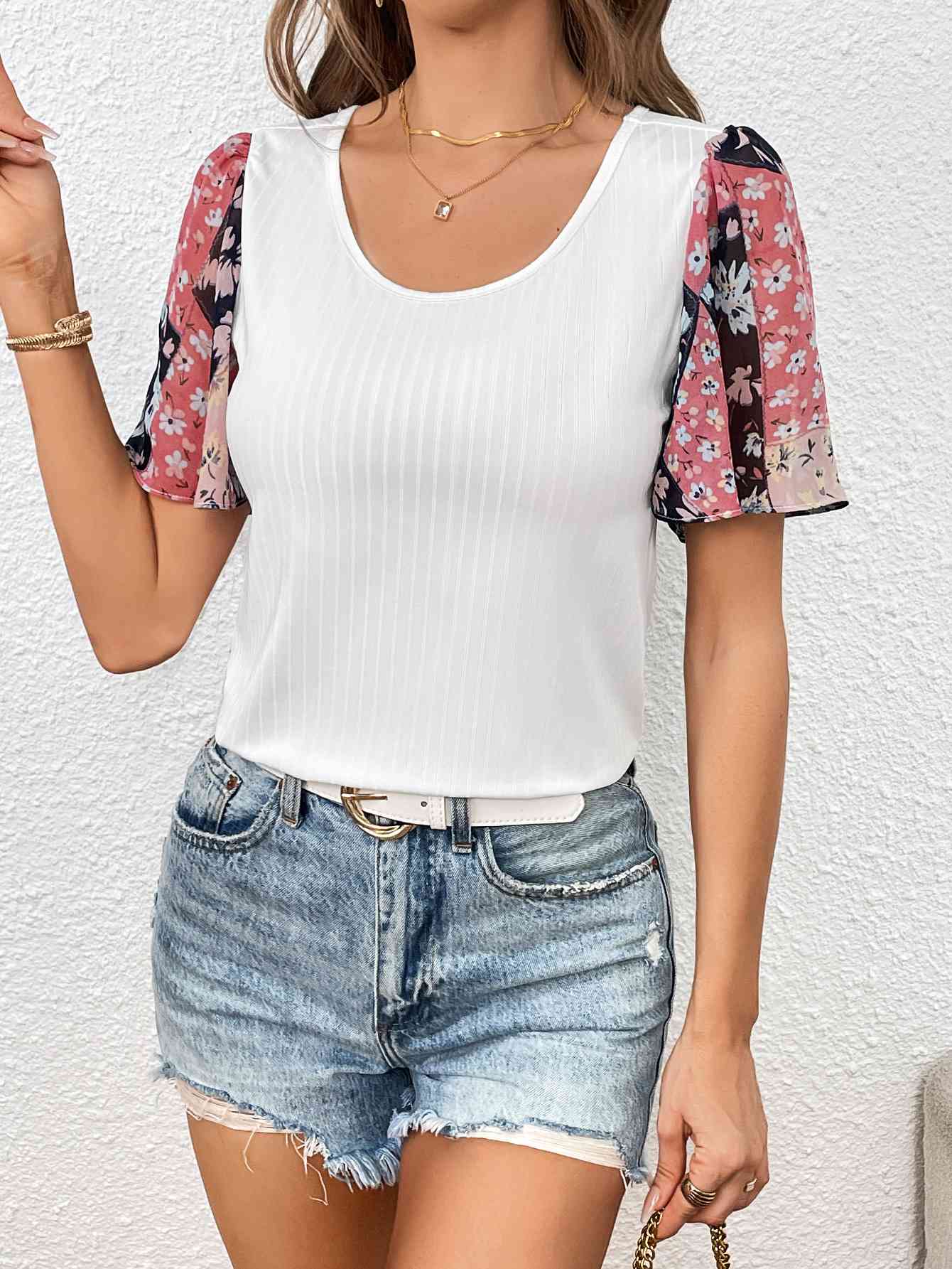 Printed Puff Sleeve Round Neck Tee White Women's T-Shirts - Tophatter Daily Deals