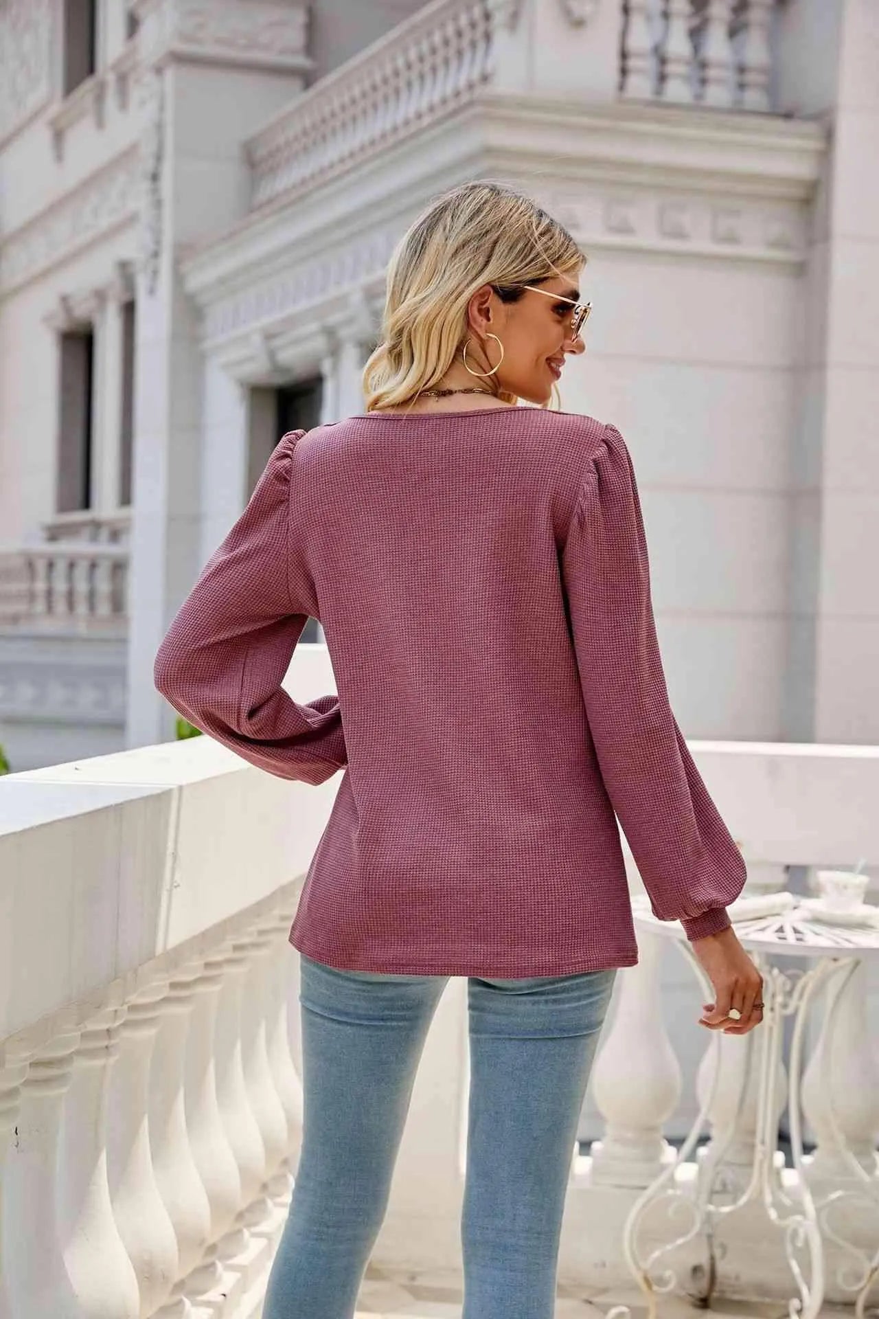 Waffle-Knit Puff Sleeve Square Neck Top Blouses - Tophatter Daily Deals