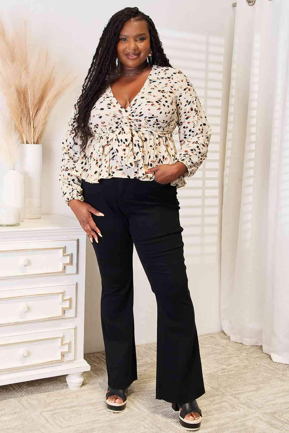 Double Take Printed Tied Plunge Peplum Blouse Blouses - Tophatter Daily Deals