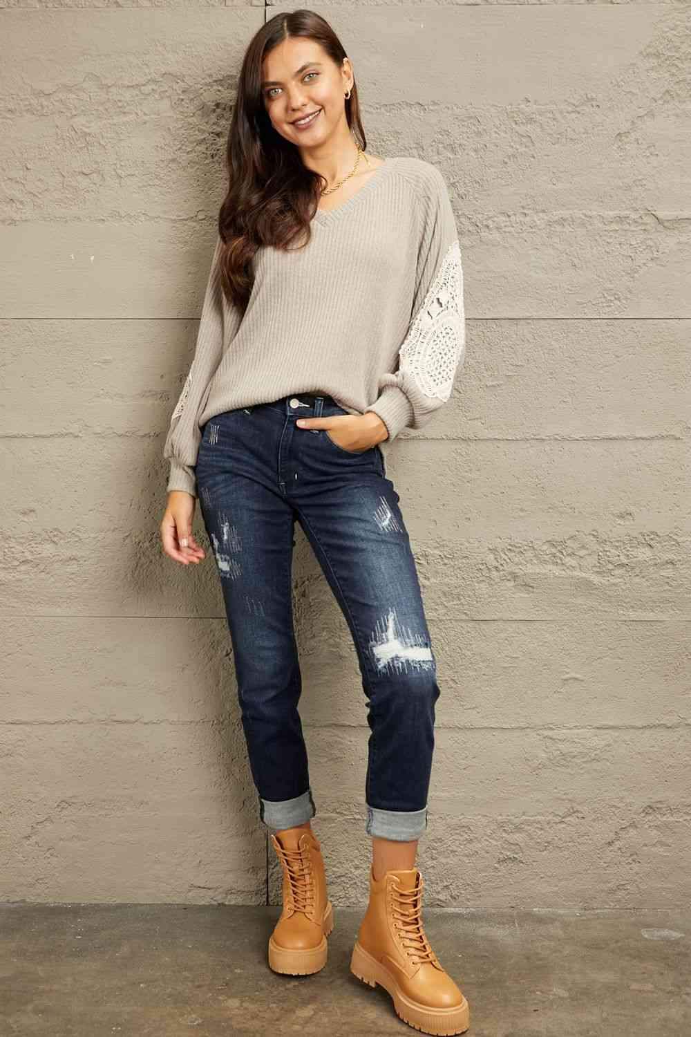 Sew In Love Full Size Lace Patch Detail Sweater Blouses - Tophatter Daily Deals