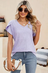 Eyelet V-Neck Petal Sleeve T-Shirt Women's T-Shirts - Tophatter Daily Deals