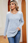 Eyelet Ribbed Round Neck Long Sleeve T-Shirt Women's T-Shirts - Tophatter Daily Deals