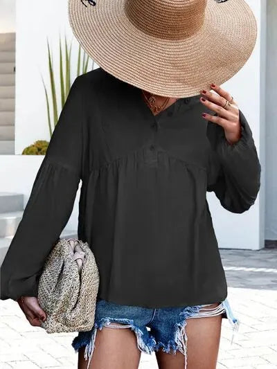 V-Neck Buttoned Balloon Sleeve Blouse Blouses - Tophatter Daily Deals