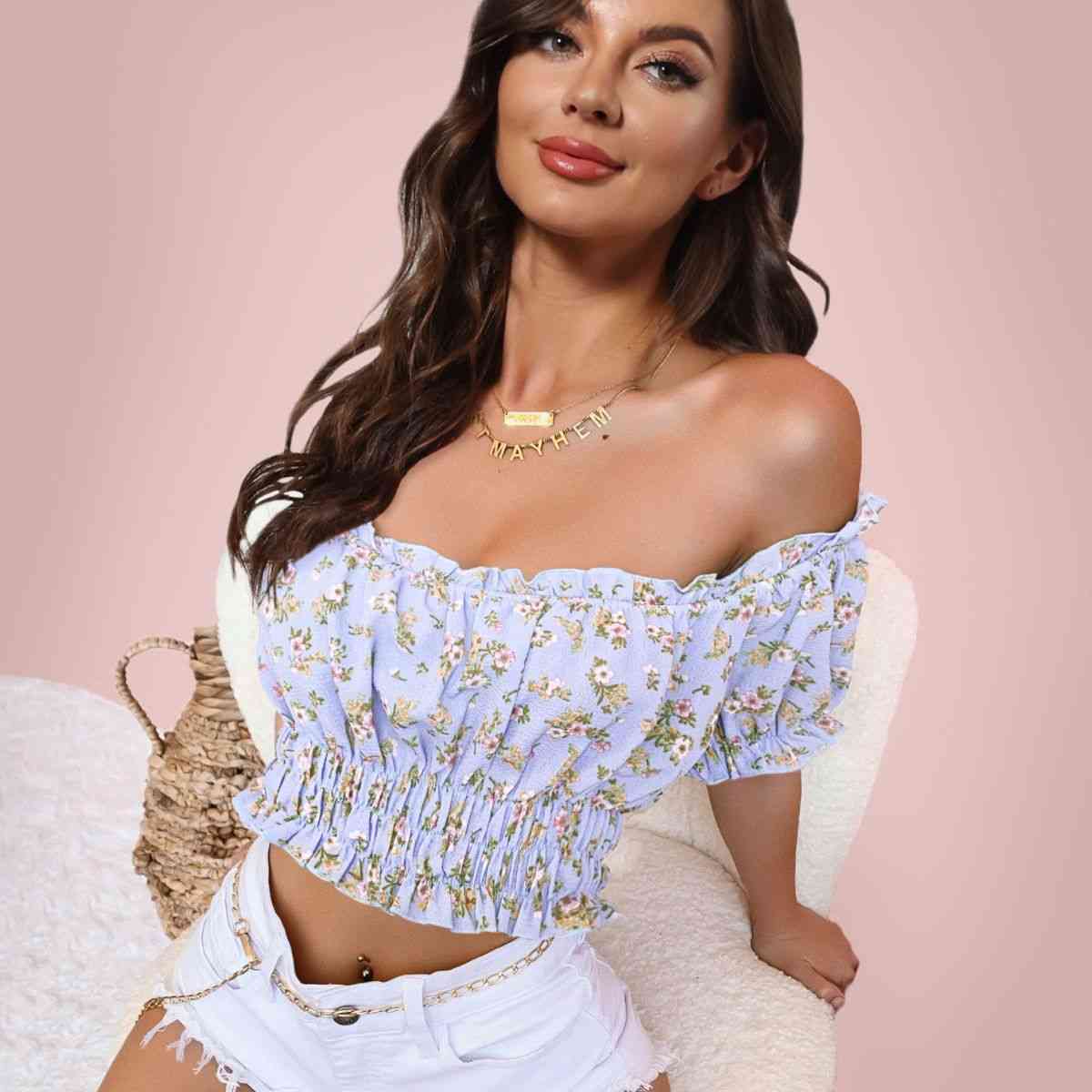 Cropped Off-Shoulder Frill Trim Smocked Blouse - Uncle Tophatter Offers Only The Best Deals And Didcounts