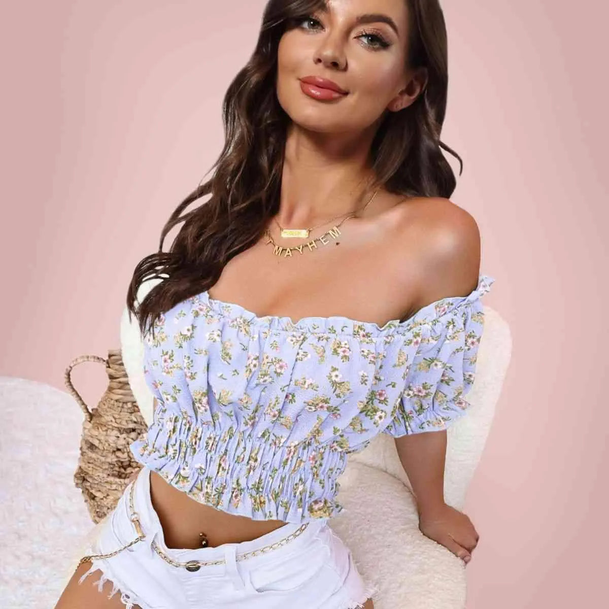 Cropped Off-Shoulder Frill Trim Smocked Blouse Floral Blouses - Tophatter Daily Deals
