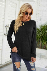 Heathered Slit Long Raglan Sleeve Top Women's T-Shirts - Tophatter Daily Deals