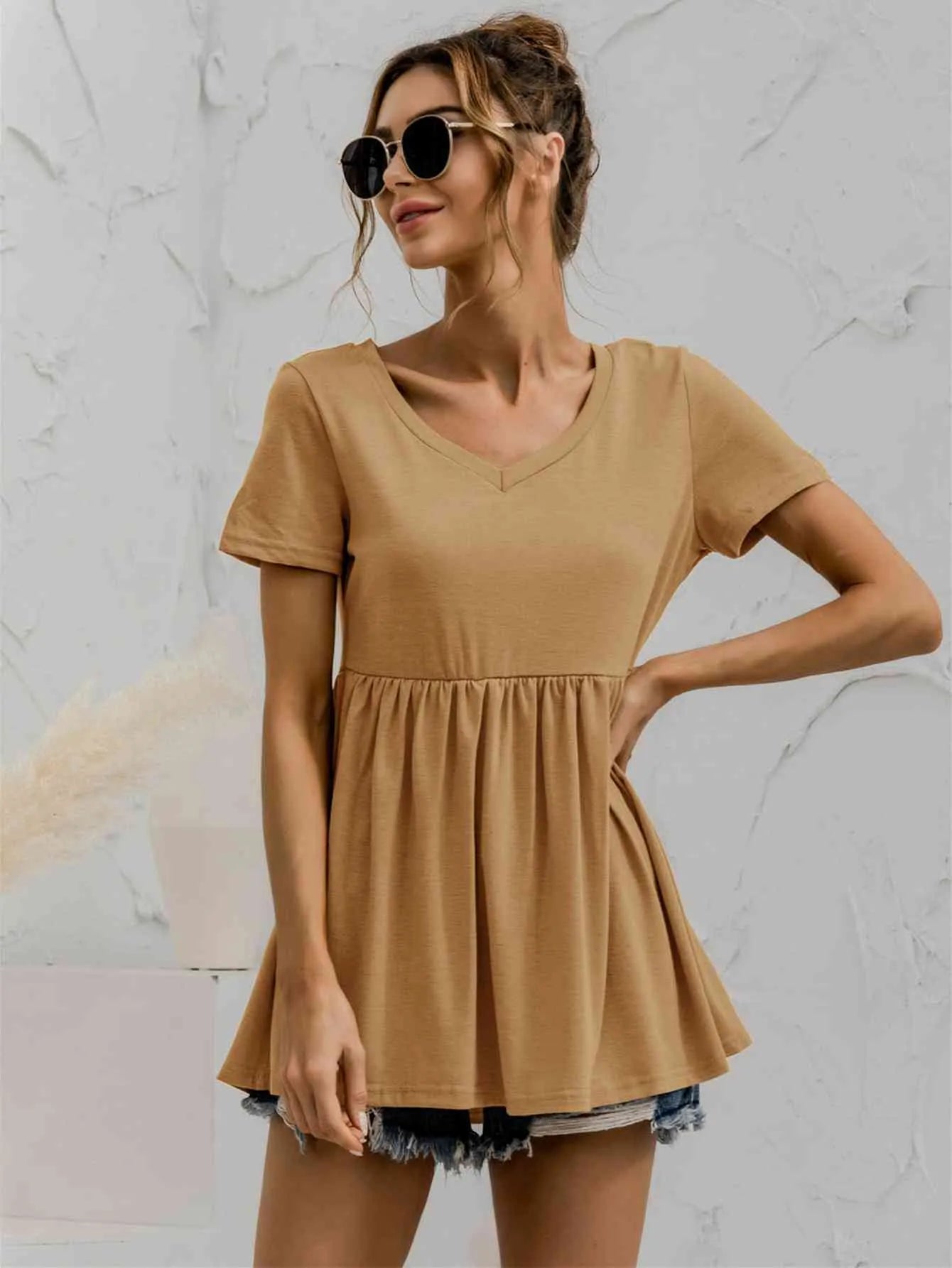 V-Neck Short Sleeve Babydoll Top Blouses - Tophatter Daily Deals