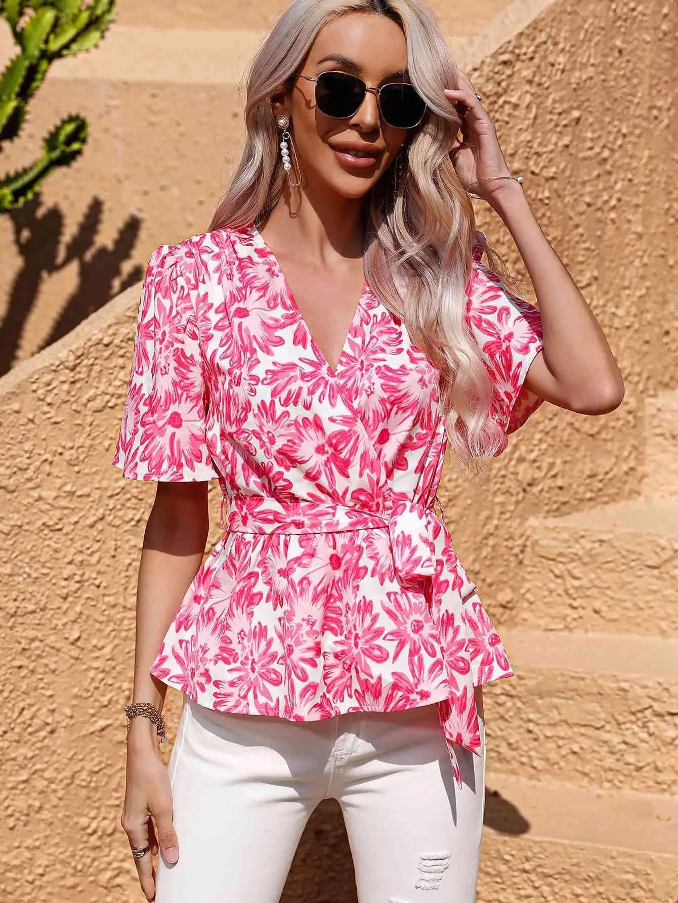 Floral Tie Belt Surplice Blouse Blouses - Tophatter Daily Deals