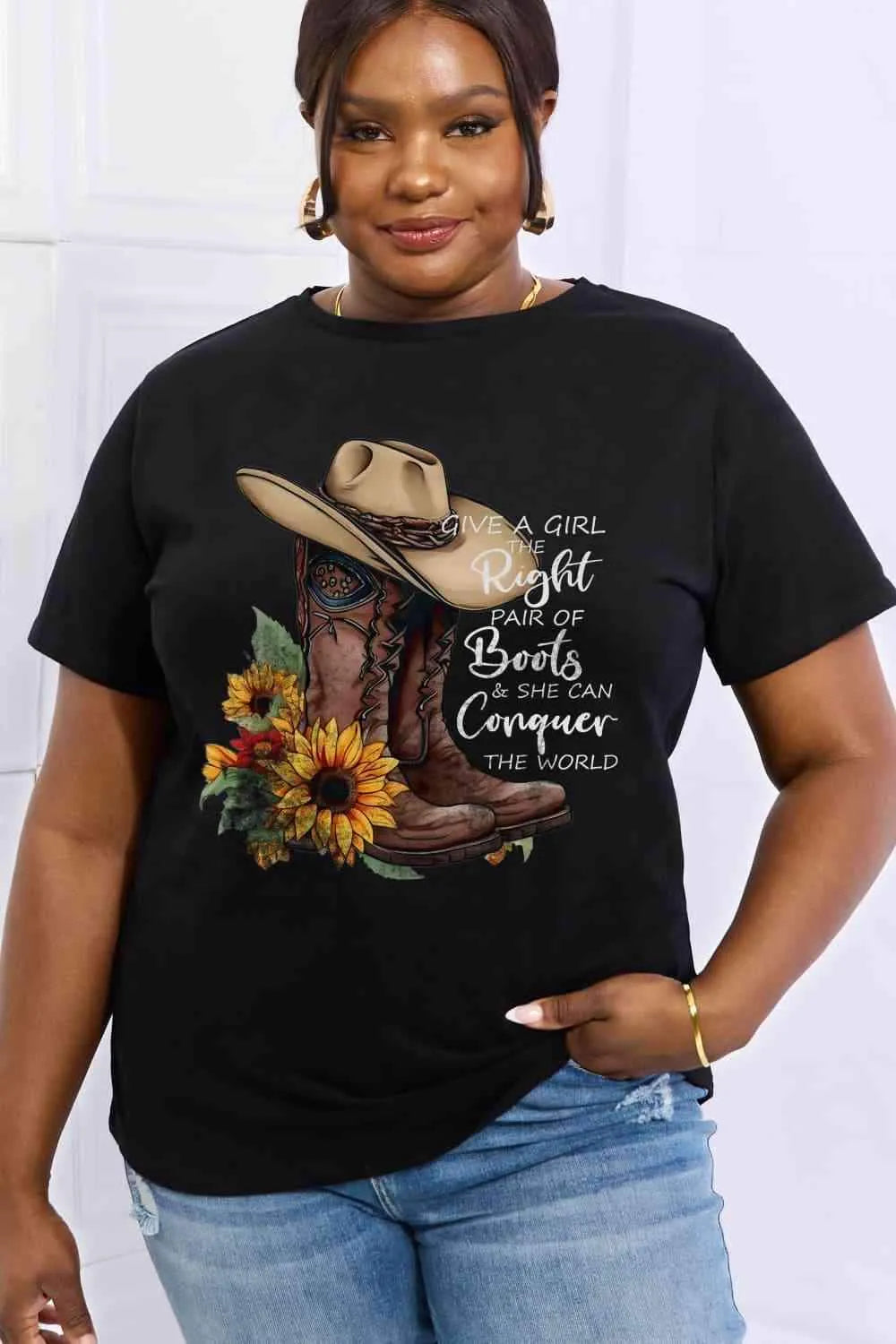 Simply Love Full Size Cowboy Hat & Boots Graphic Cotton Tee - Tophatter Daily Deals