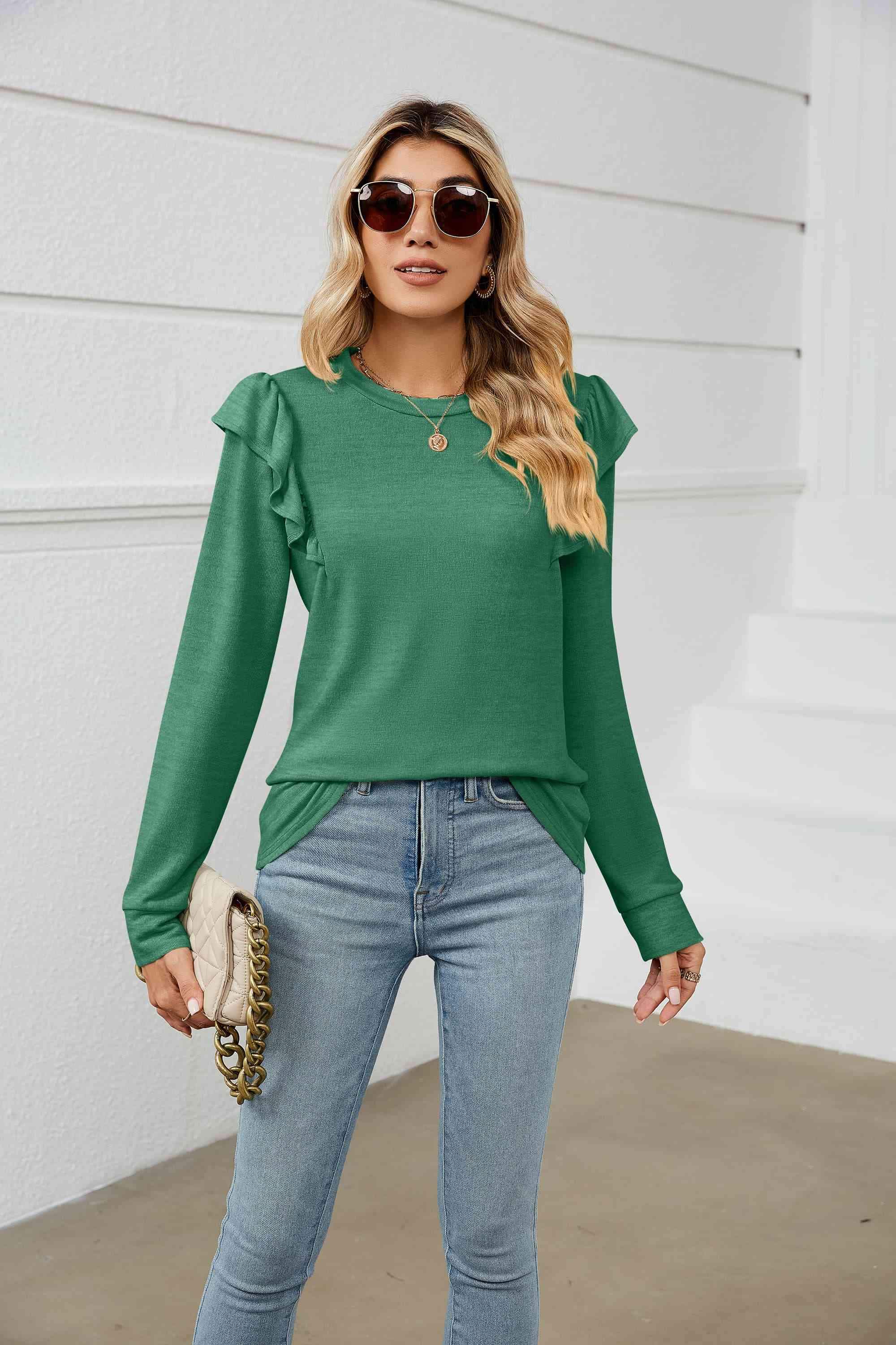 Ruffle Shoulder Long Sleeve T-Shirt Women's T-Shirts - Tophatter Daily Deals