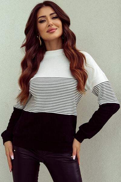 Striped Dropped Shoulder Long Sleeve T-Shirt White Women's T-Shirts - Tophatter Daily Deals