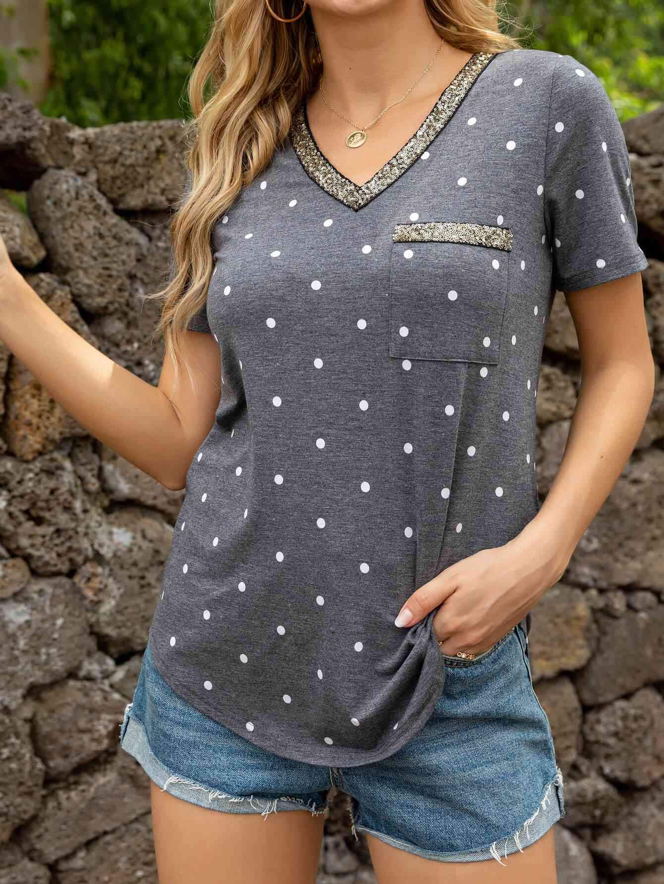 Glitter V-Neck Short Sleeve Tee Shirt Mid Gray Women's T-Shirts - Tophatter Daily Deals