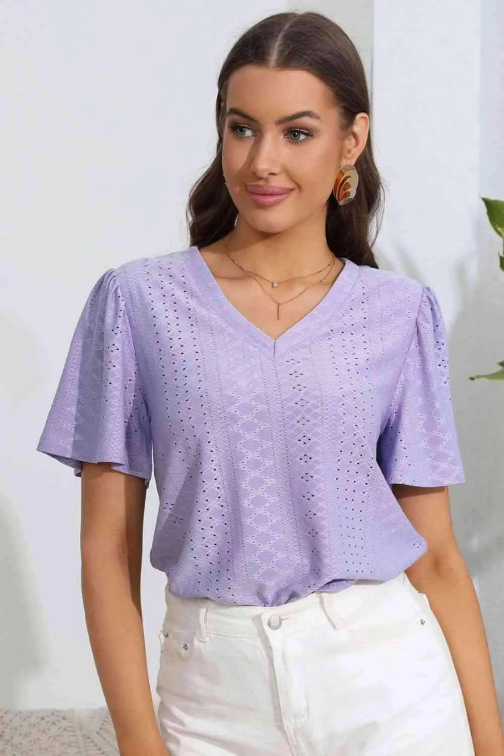 Eyelet V-Neck Flutter Sleeve Top Blouses - Tophatter Daily Deals