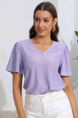 Eyelet V-Neck Flutter Sleeve Top Blouses - Tophatter Daily Deals