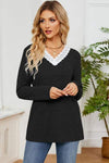 Lace Detail V-Neck Long Sleeve T-Shirt Women's T-Shirts - Tophatter Daily Deals