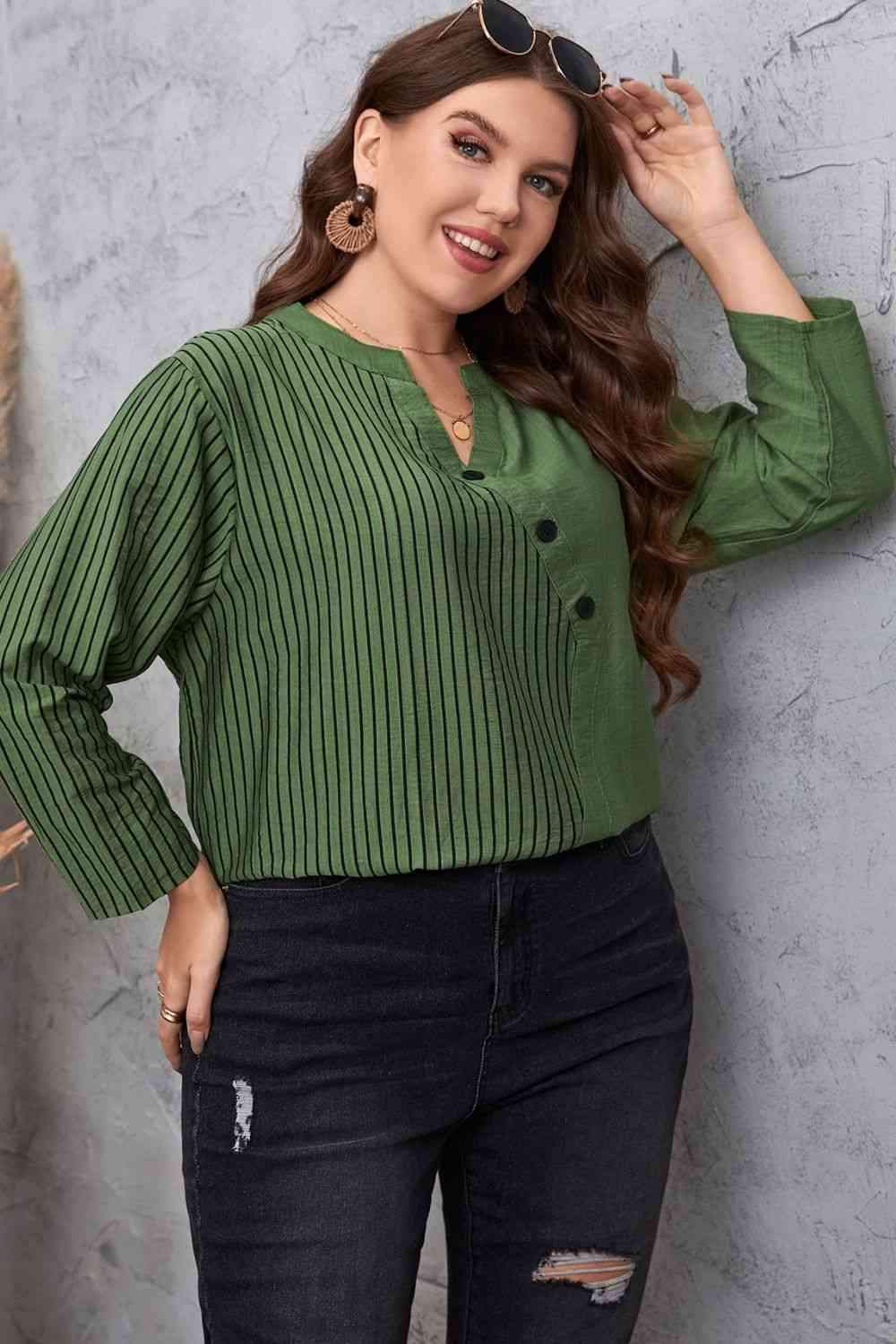 Plus Size Striped Notched Neck Top Blouses - Tophatter Daily Deals