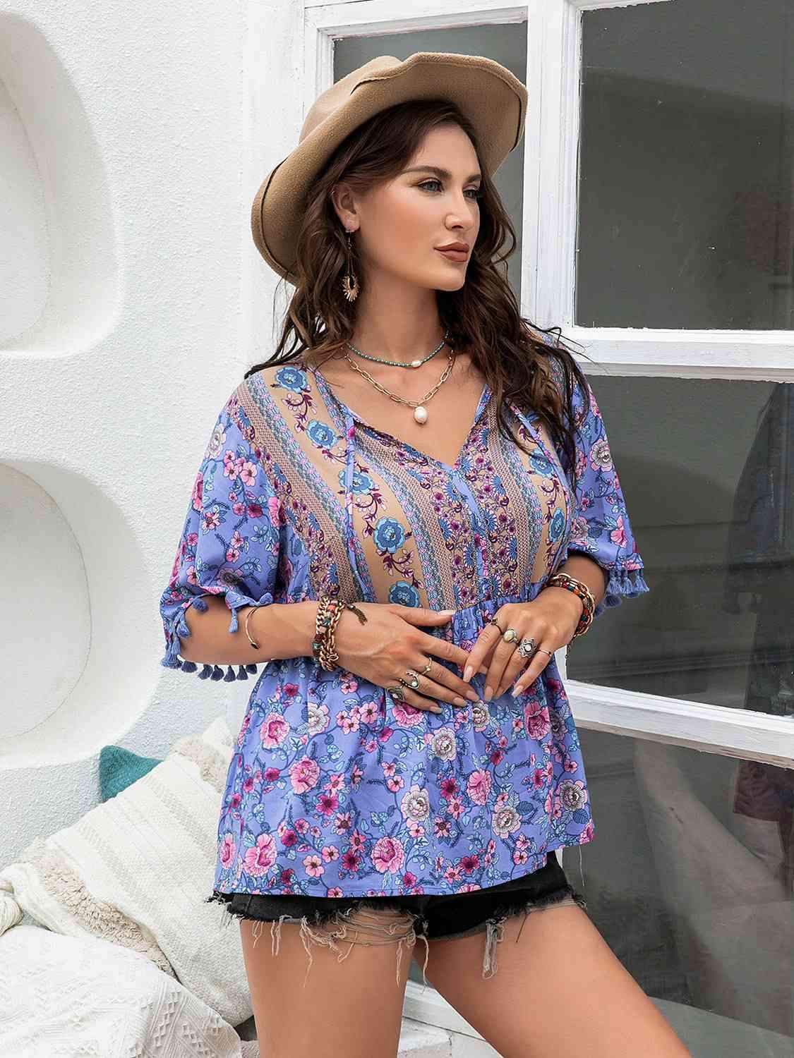 Plus Size Printed V-Neck Half Sleeve Blouse Blouses - Tophatter Daily Deals