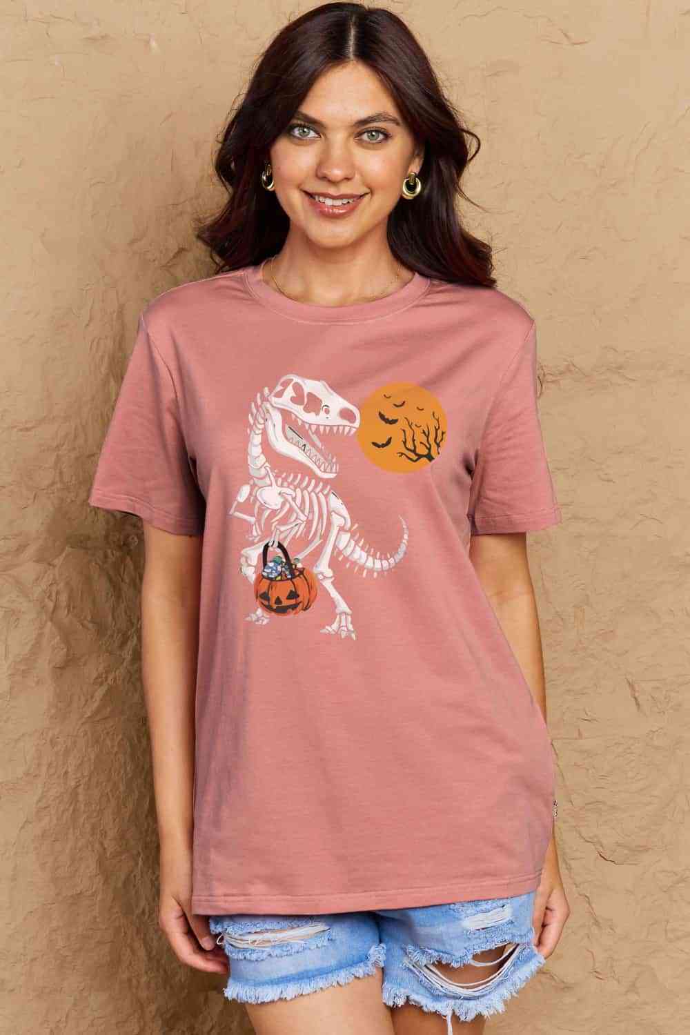 Simply Love Full Size Dinosaur Skeleton Graphic Cotton T-Shirt Dusty Pink Women's T-Shirts - Tophatter Daily Deals