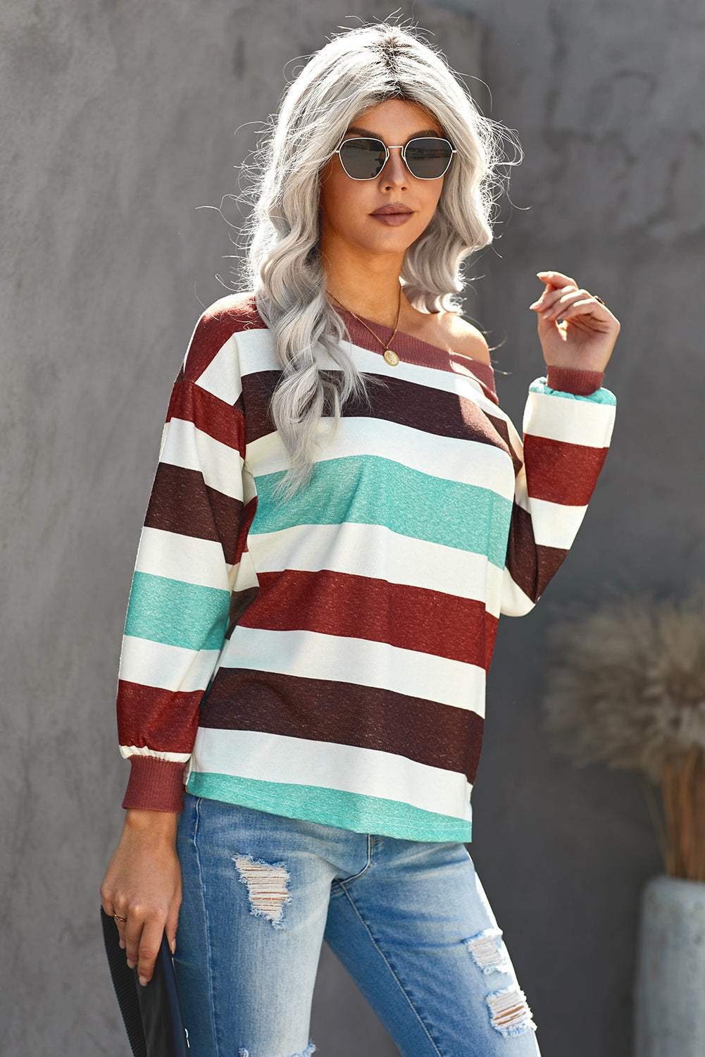 One Shoulder Striped Color Block Top Women's T-Shirts - Tophatter Daily Deals