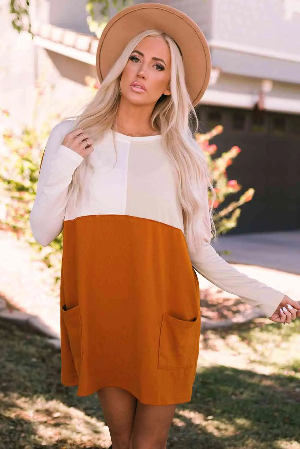 Color Block Round Neck Longline Top with Pockets Orange Blouses - Tophatter Daily Deals