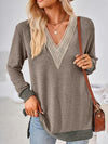 Crochet Contrast V-Neck Long Sleeve Slit T-Shirt Taupe Women's T-Shirts - Tophatter Daily Deals