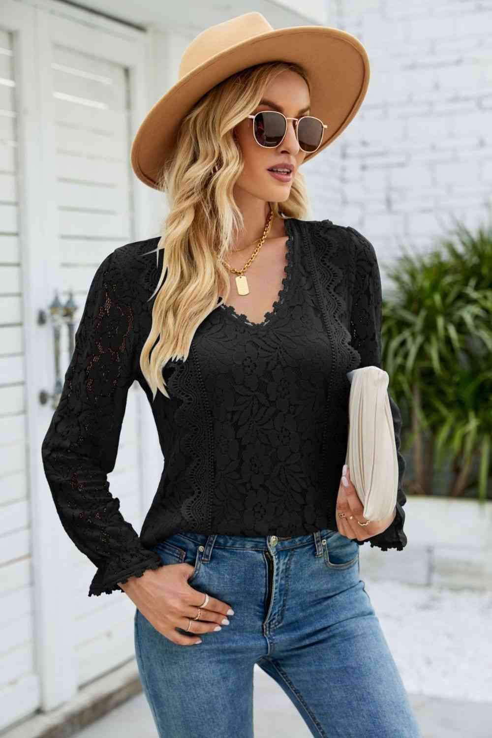 V-Neck Flounce Sleeve Lace Top Black Women's T-Shirts - Tophatter Daily Deals