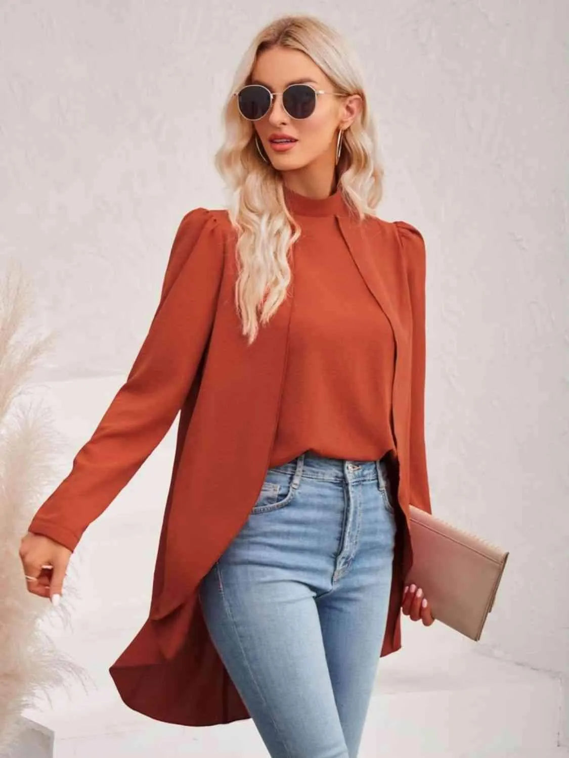 Long Puff Sleeve High-Low Blouse Blouses - Tophatter Daily Deals