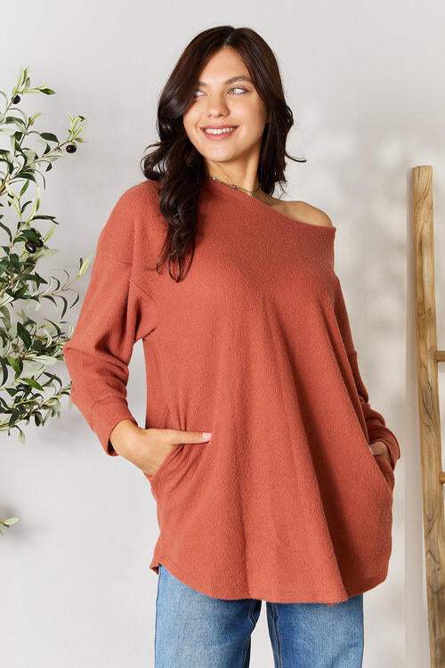 BOMBOM Drop Shoulder Long Sleeve Blouse with Pockets Blouses - Tophatter Daily Deals