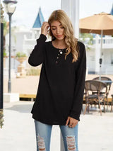 Quarter Button Round Neck Dropped Shoulder T-Shirt Black Women's T-Shirts - Tophatter Daily Deals