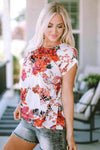 Floral Round Neck Short Sleeve Top Blouses - Tophatter Daily Deals