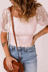 Smocked Spliced Lace Frill Trim Top Blouses - Tophatter Daily Deals
