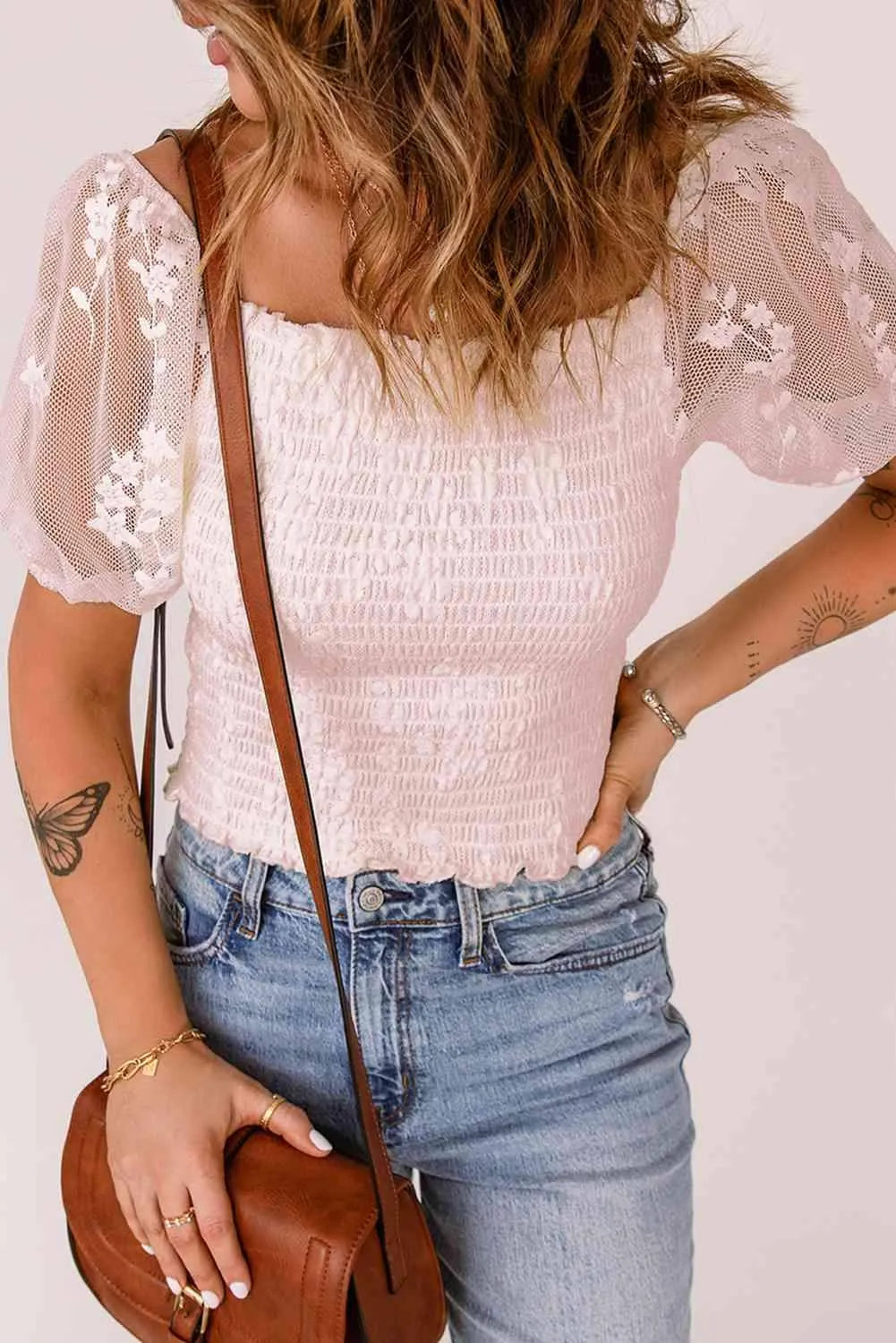Smocked Spliced Lace Frill Trim Top Blouses - Tophatter Daily Deals