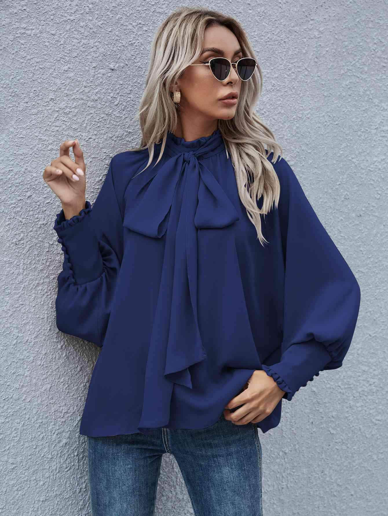 Mock Neck Lantern Sleeve Tie Front Blouse Blouses - Tophatter Daily Deals