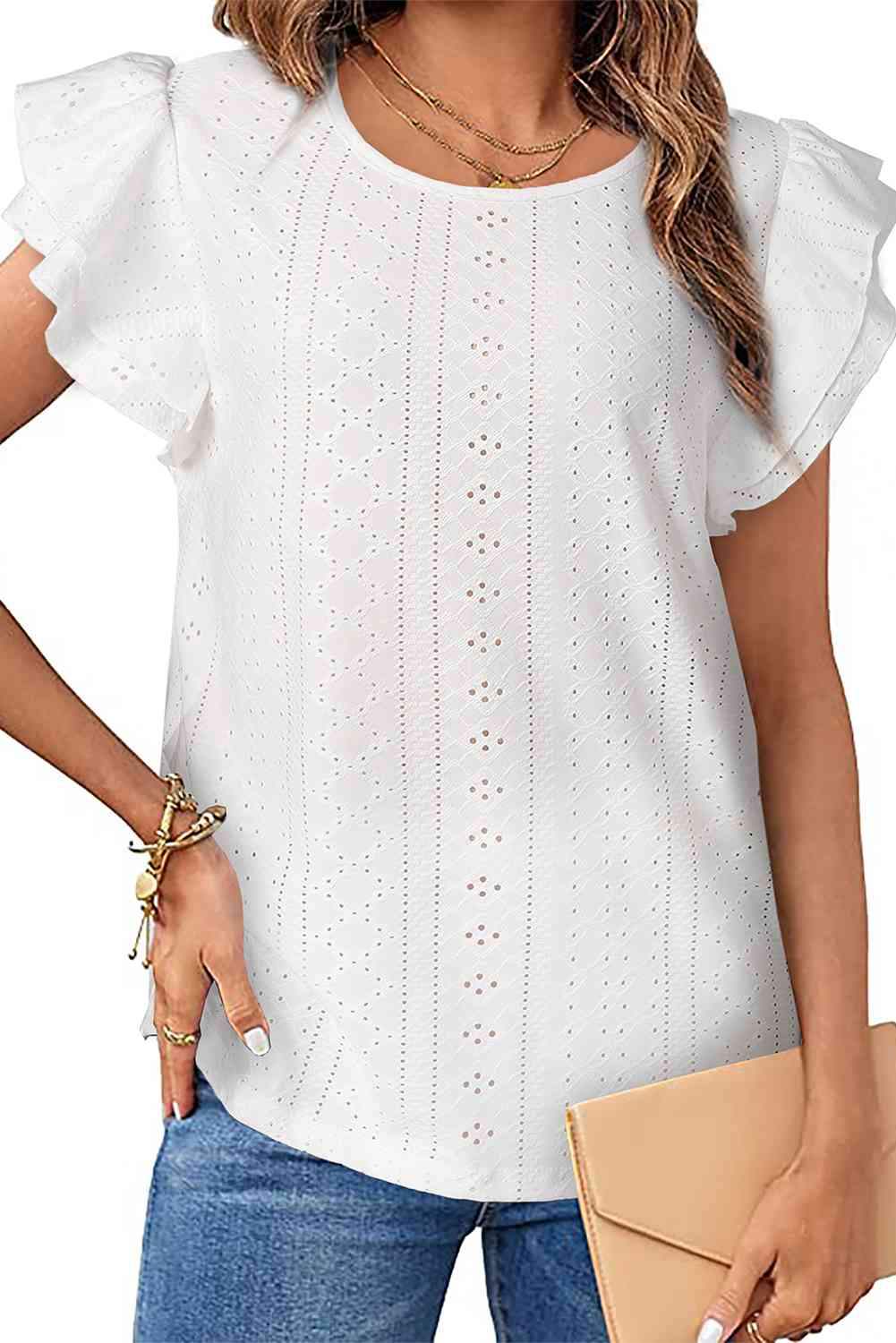 Eyelet Round Neck Flutter Sleeve Blouse White Blouses - Tophatter Daily Deals