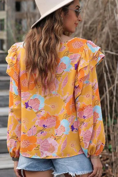 Floral Print Ruffle Puff Sleeve Blouse Blouses - Tophatter Daily Deals